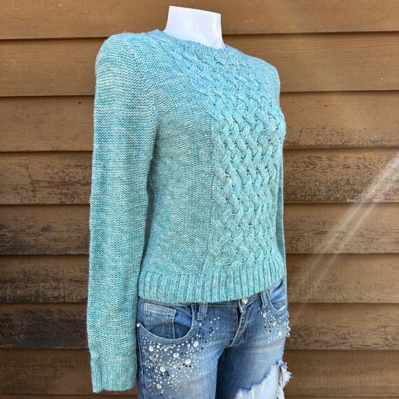Forever 21 Womens Cable Knit Sweater Aqua Green Size S Ribbed Hem & Cuffs - Picture 6 of 8